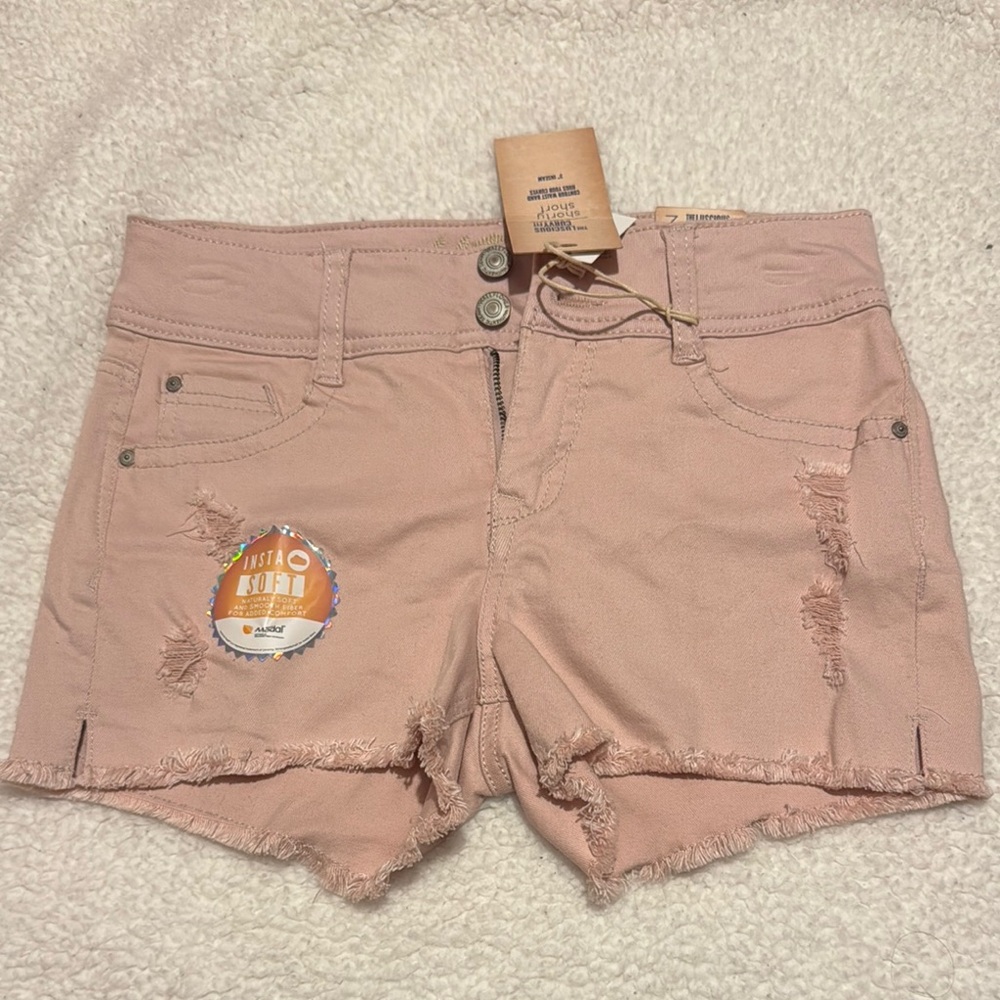 Pink Jean Shorts with Distressed Hem